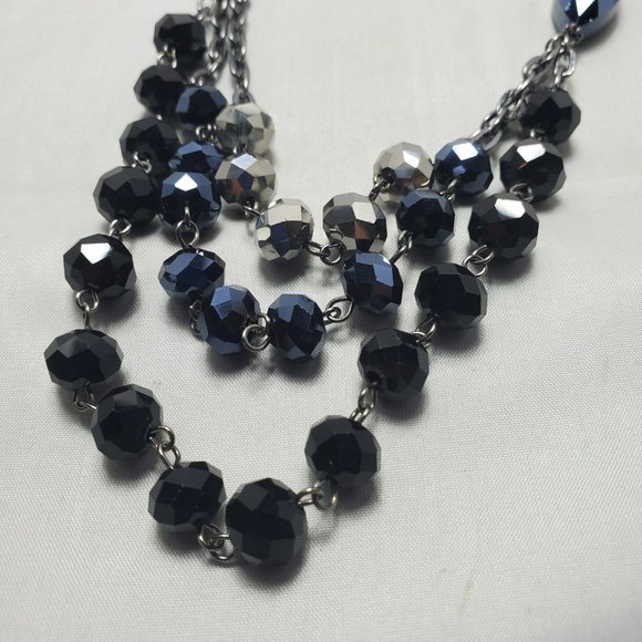Hematite antique silver  link chain pewter/ silver beaded 3 row layered necklace - Picture 3 of 7